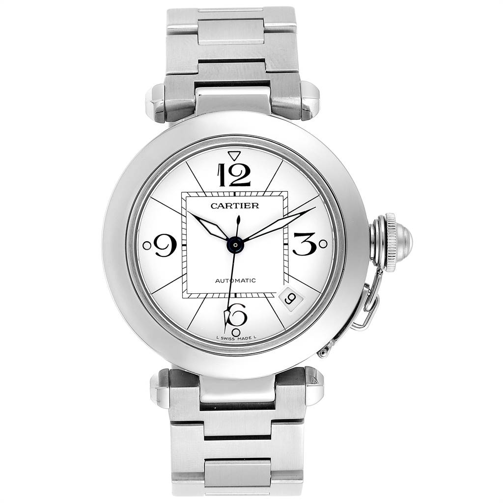 The Cartier Pasha W31074M7 Stainless Steel White Dial W31074M7 Stainless Steel White Dial watch is shown from a front angle, displaying its face, bezel, and metal bracelet.