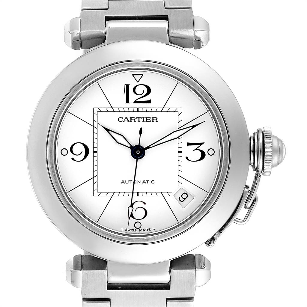 This image shows a front view of a Cartier Pasha W31074M7 Stainless Steel White Dial W31074M7 Stainless Steel White Dial watch, displaying the dial, case, and part of the bracelet.