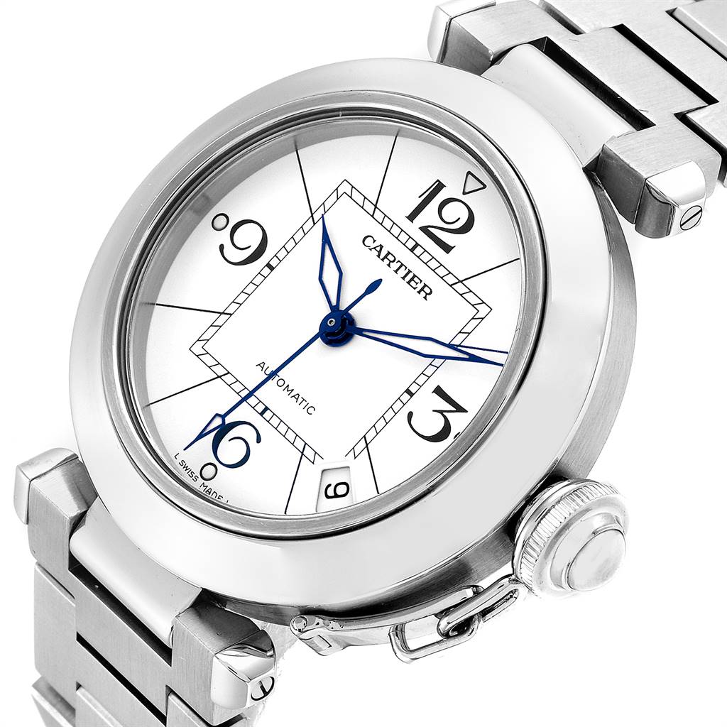 The image shows a close-up angle of the Cartier Pasha W31074M7 Stainless Steel White Dial W31074M7 Stainless Steel White Dial watch, featuring its face, crown, and part of the bracelet.