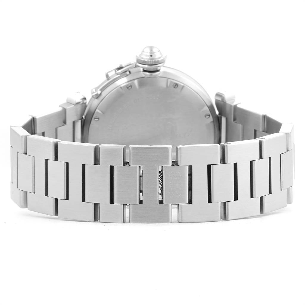 This image shows the back view of the Cartier Pasha W31074M7 Stainless Steel White Dial W31074M7 Stainless Steel White Dial watch focusing on its metallic bracelet and case.