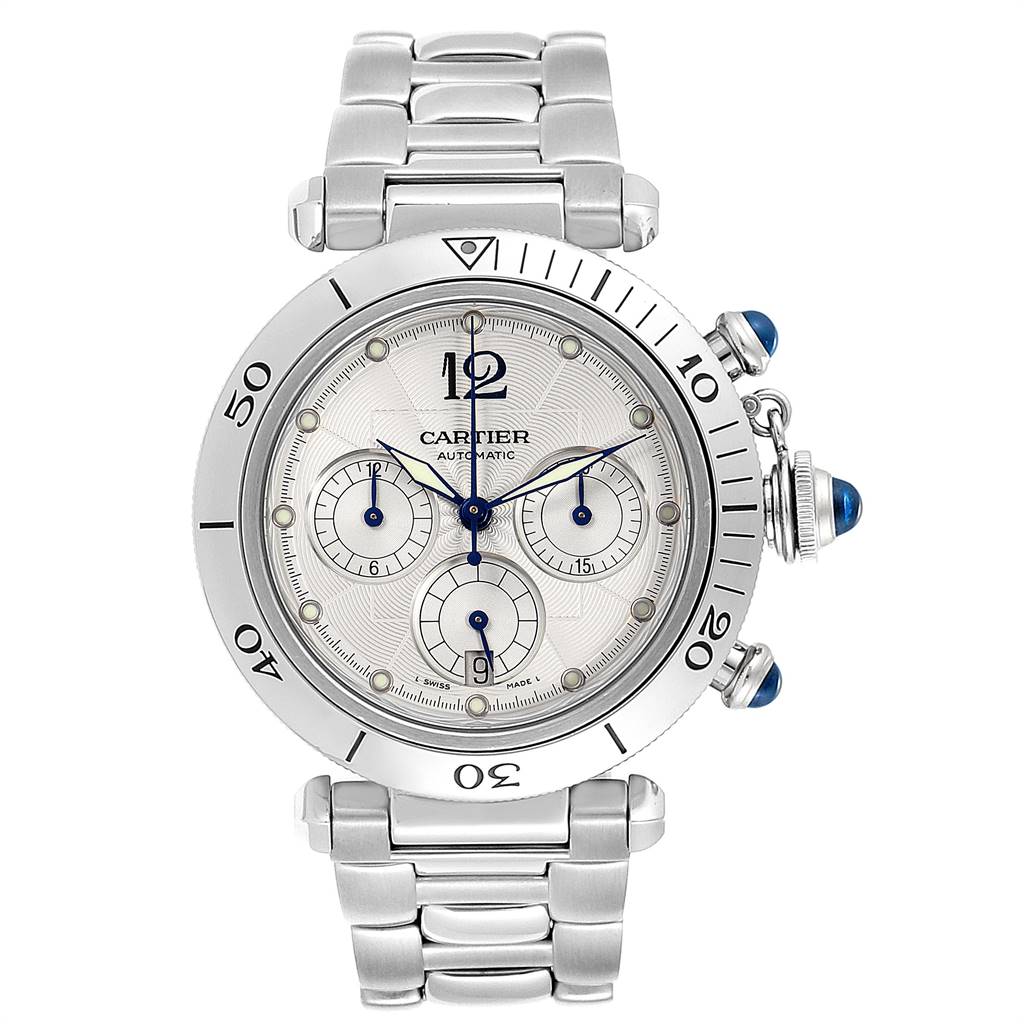 This Cartier Pasha W31030H3 Men's Stainless Steel Silver Dial W31030H3 Men's Stainless Steel Silver Dial watch is shown from a top-down angle, highlighting its face, bezel, and metal bracelet.