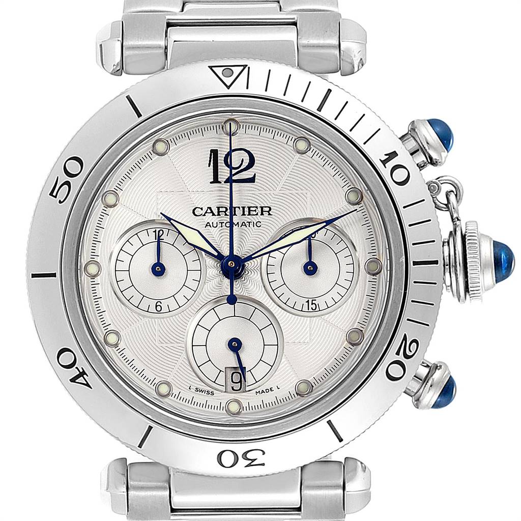 The image shows a frontal view of the Cartier Pasha W31030H3 Men's Stainless Steel Silver Dial W31030H3 Men's Stainless Steel Silver Dial watch, highlighting its face, bezel, dial, hands, and crown.