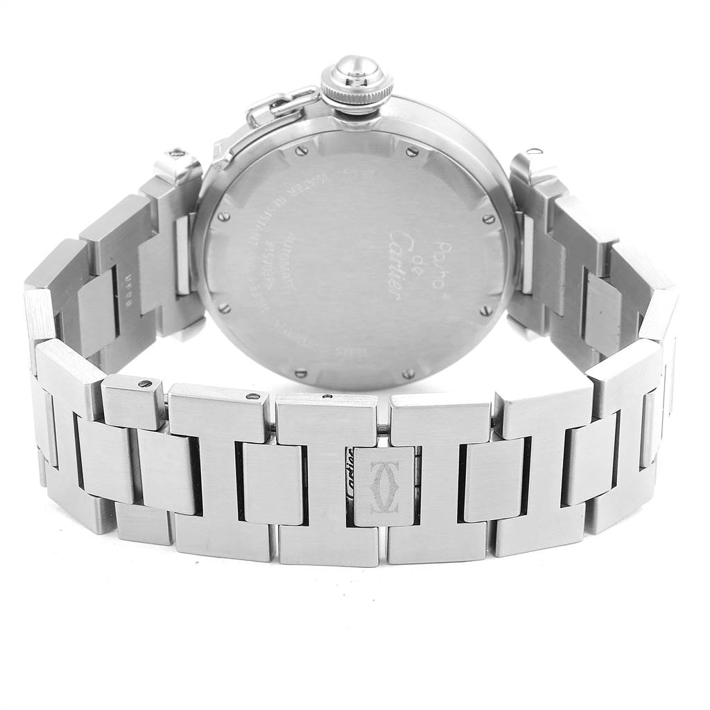 The image shows the back and bracelet of a Cartier Pasha W31074M7 Stainless Steel White Dial W31074M7 Stainless Steel White Dial watch.