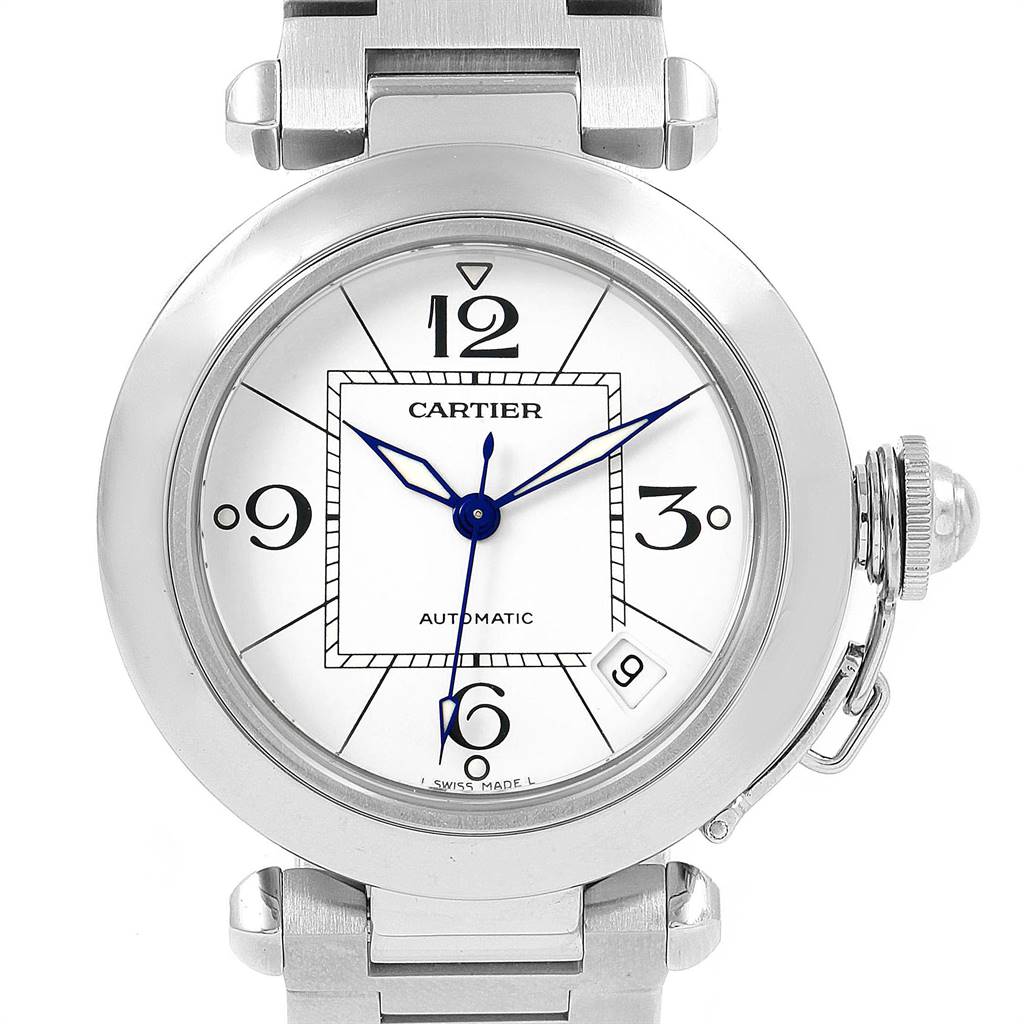 This image shows a front view of the Cartier Pasha W31074M7 Stainless Steel White Dial W31074M7 Stainless Steel White Dial watch, highlighting the dial, bezel, crown, and part of the bracelet.