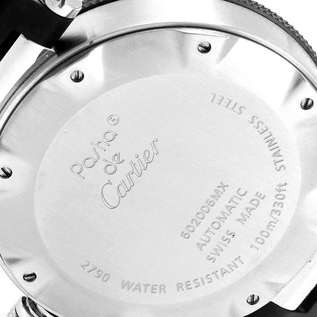 The image shows the back case of a Cartier Pasha W31077U2 Men's Stainless Steel Black Dial W31077U2 Men's Stainless Steel Black Dial watch, highlighting its engravings and specifications.