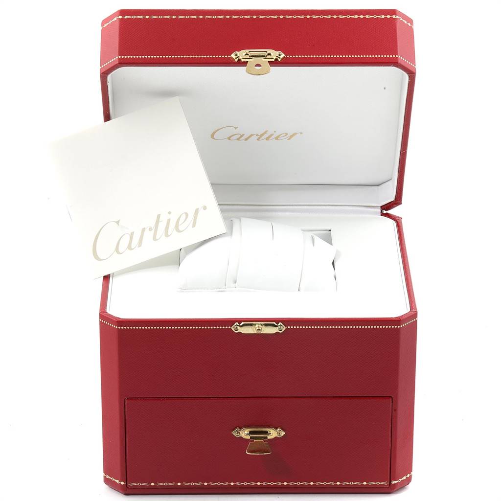 The image shows a Cartier Pasha W31077U2 Men's Stainless Steel Black Dial W31077U2 Men's Stainless Steel Black Dial watch box open at an angle, with a booklet and white cushion inside.