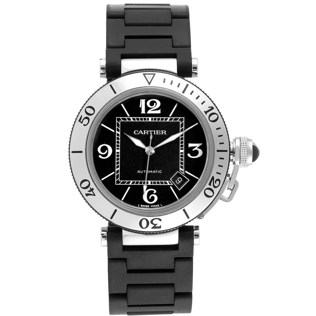 The Cartier Pasha W31077U2 Men's Stainless Steel Black Dial W31077U2 Men's Stainless Steel Black Dial watch is shown from a top-down angle, featuring the face, bezel, and part of the strap.
