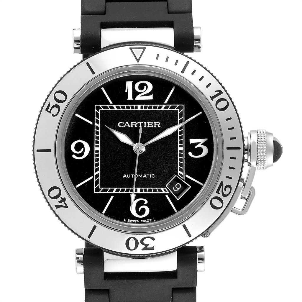 This image shows a front view of the Cartier Pasha W31077U2 Men's Stainless Steel Black Dial W31077U2 Men's Stainless Steel Black Dial model watch, highlighting the dial, bezel, crown, and part of the strap.