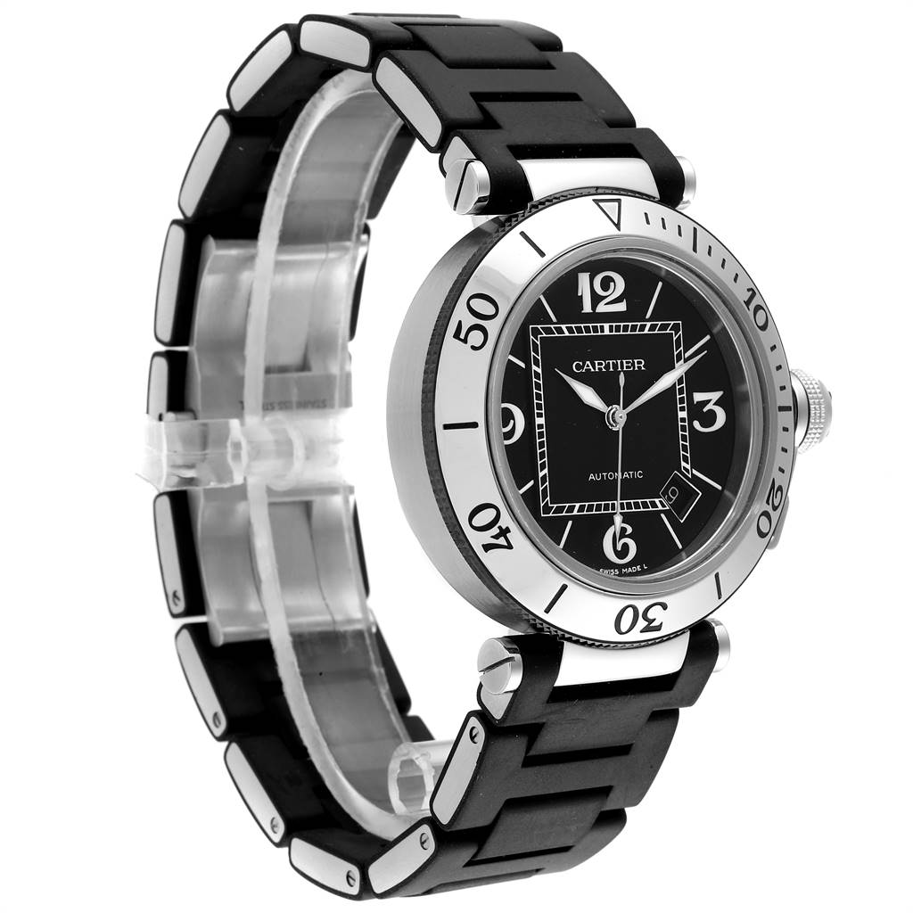 This image shows a Cartier Pasha W31077U2 Men's Stainless Steel Black Dial W31077U2 Men's Stainless Steel Black Dial watch at an angle highlighting the black dial, bezel, and black rubber strap.