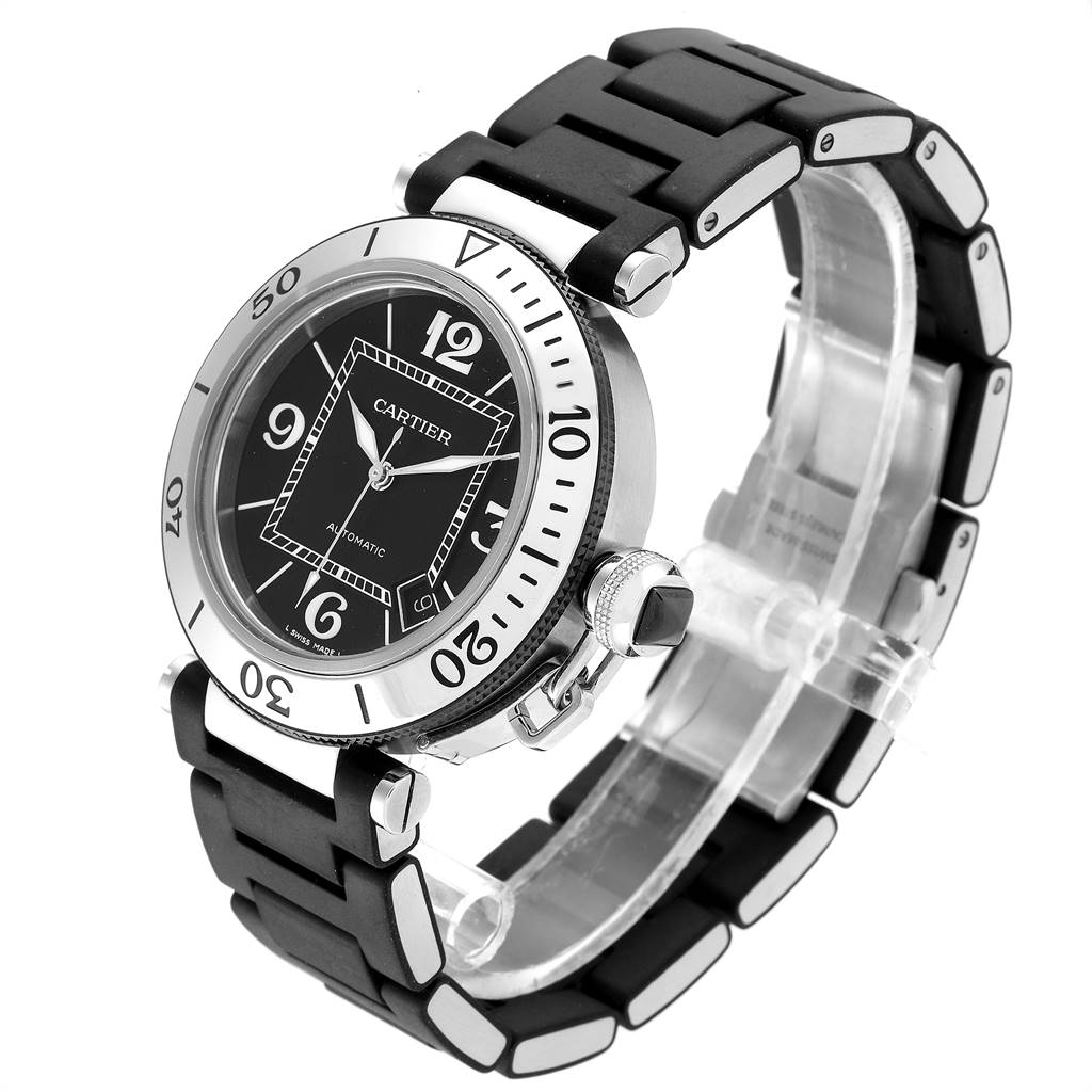 The image shows a side angle view of a Cartier Pasha W31077U2 Men's Stainless Steel Black Dial W31077U2 Men's Stainless Steel Black Dial model watch, highlighting the bezel, dial, and strap.