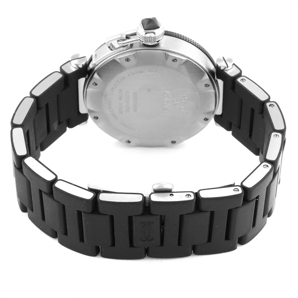 The image shows the back case and bracelet of a Cartier Pasha W31077U2 Men's Stainless Steel Black Dial W31077U2 Men's Stainless Steel Black Dial watch, viewed from a low rear angle.