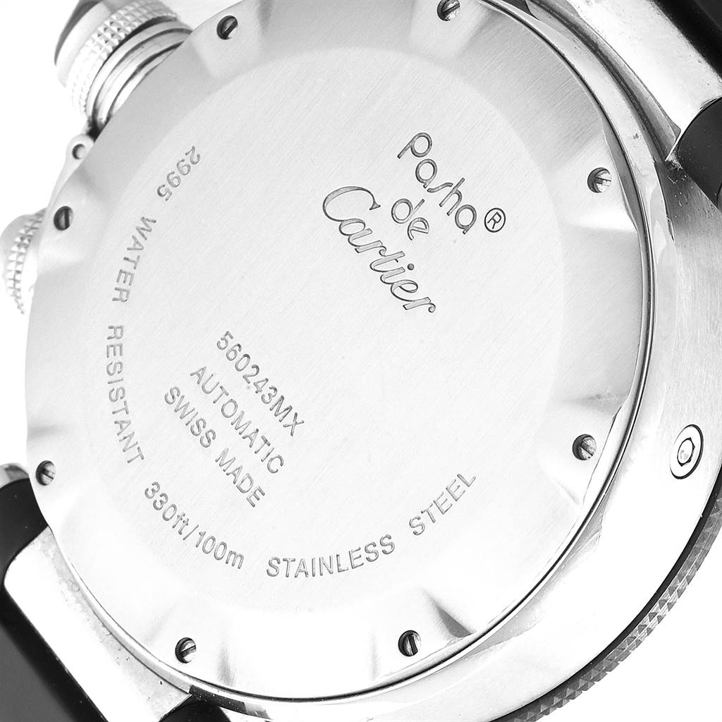 The image shows the back case of a Pasha de Cartier watch, detailing its model, water resistance, and material.