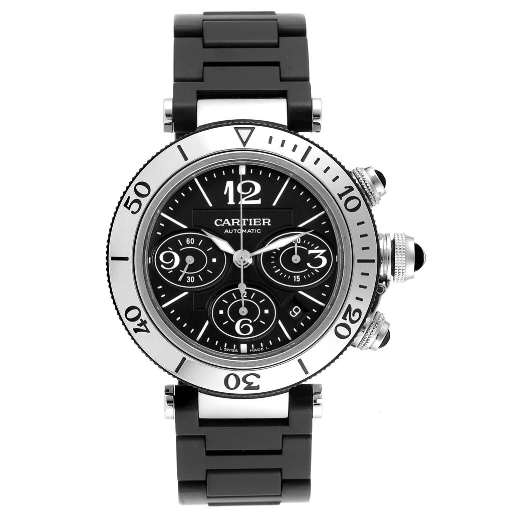 The image shows a full frontal view of the Cartier Pasha W31088U2 Men's Stainless Steel Black Dial W31088U2 Men's Stainless Steel Black Dial watch, highlighting the black dial, bezel, and black bracelet.