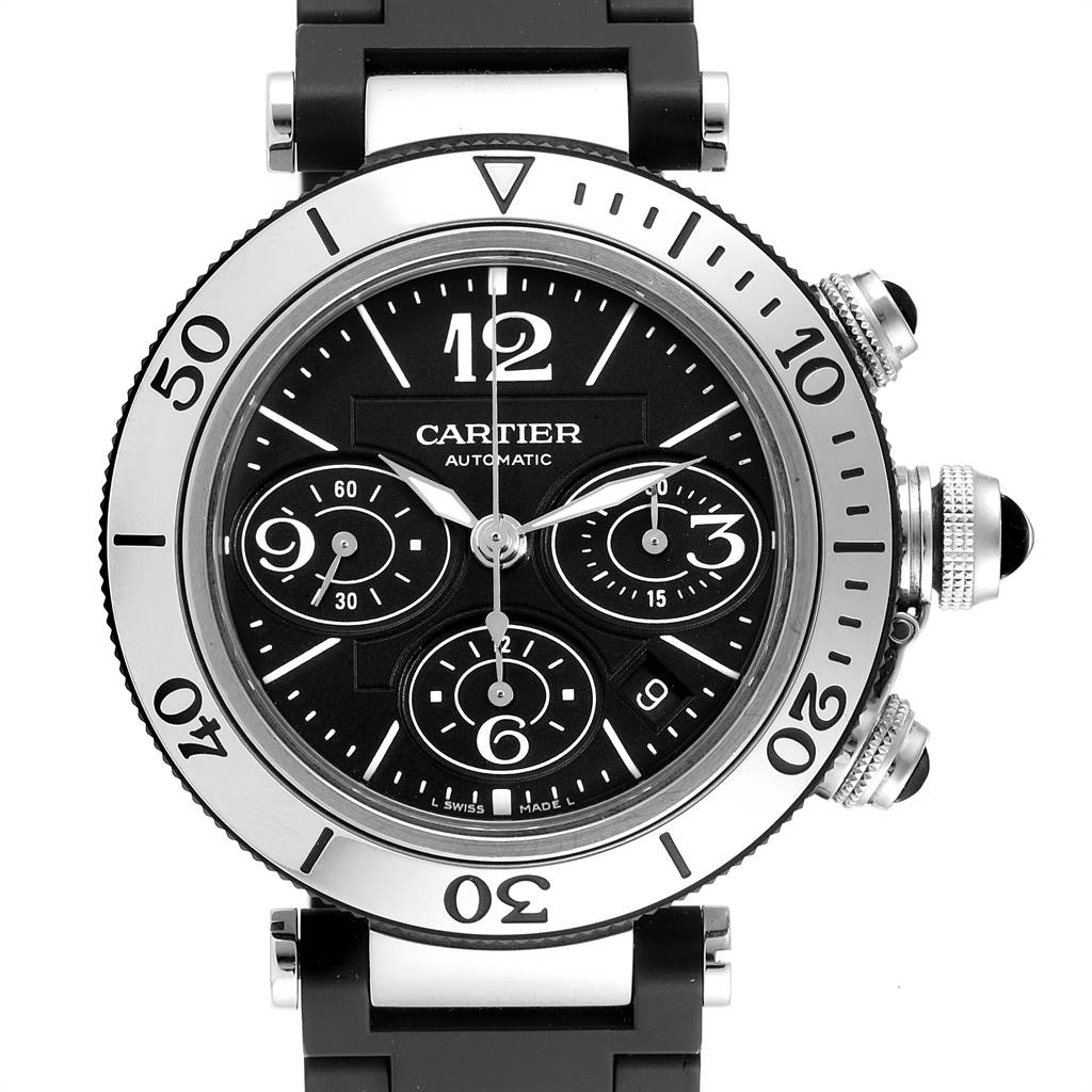 The image shows a frontal view of the Cartier Pasha W31088U2 Men's Stainless Steel Black Dial W31088U2 Men's Stainless Steel Black Dial model watch, displaying its face, crown, and black strap.