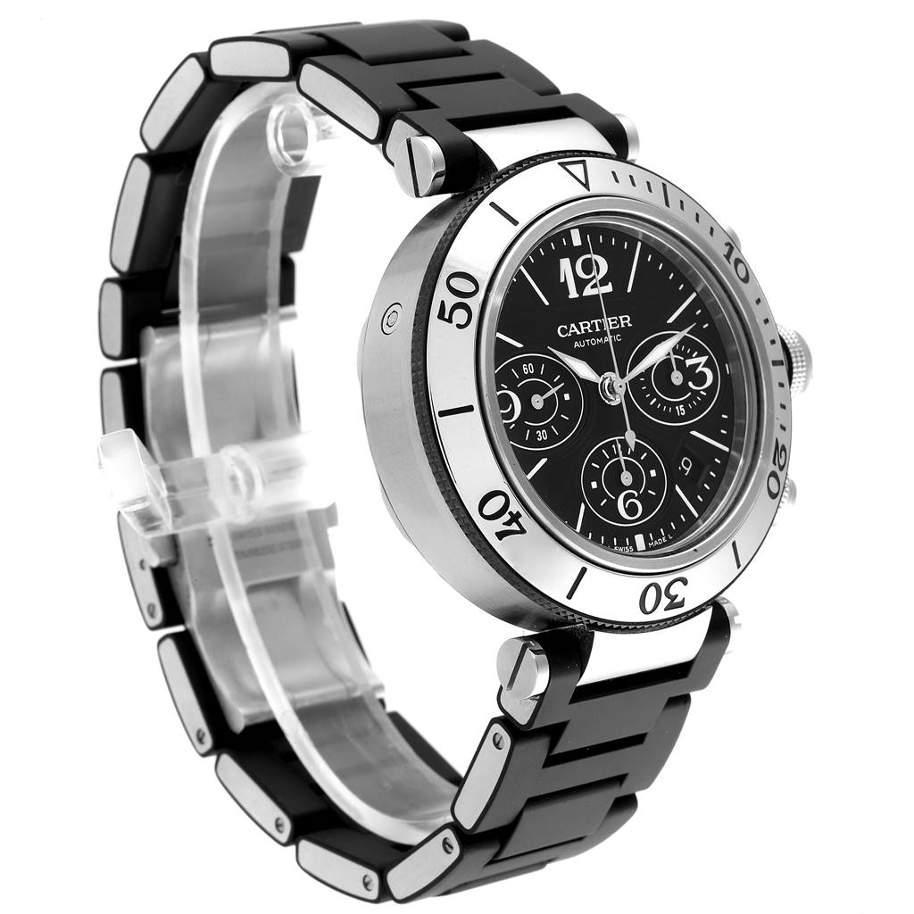 The image shows a side view of the Cartier Pasha W31088U2 Men's Stainless Steel Black Dial W31088U2 Men's Stainless Steel Black Dial watch, highlighting its black dial, bezel, and metal bracelet.