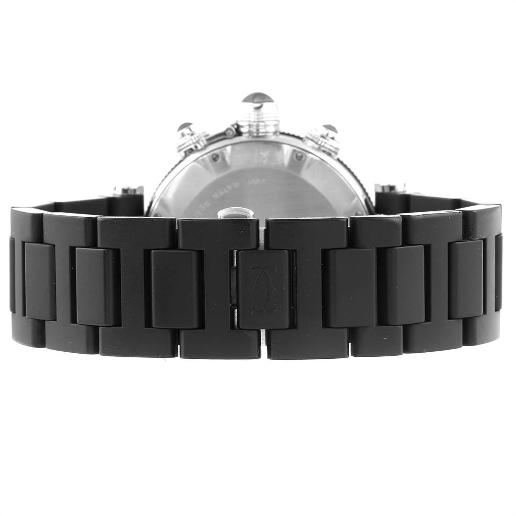 The image shows the back view of a Cartier Pasha W31088U2 Men's Stainless Steel Black Dial W31088U2 Men's Stainless Steel Black Dial watch, highlighting its bracelet and case with visible push-buttons.