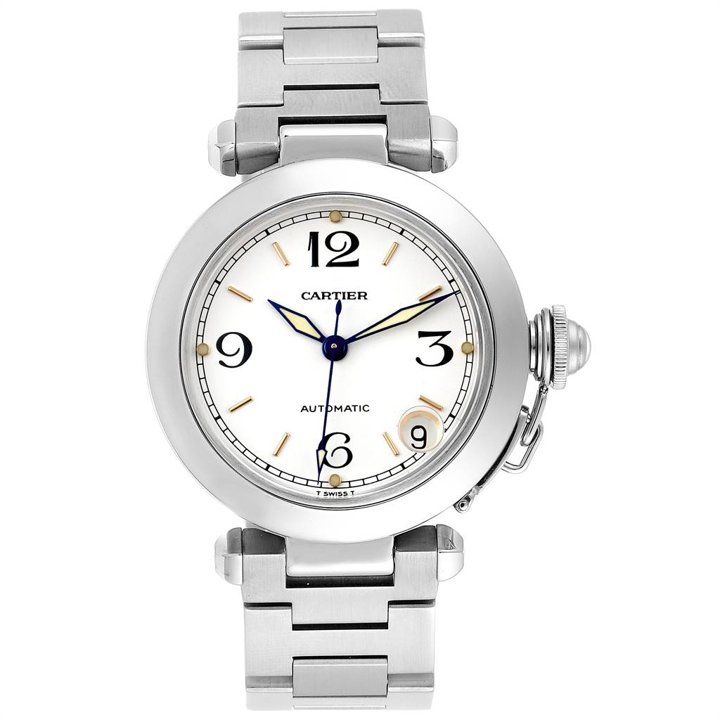The image shows a frontal view of the Cartier Pasha W31044M7 Stainless Steel White Dial W31044M7 Stainless Steel White Dial watch, highlighting the face, numerals, and metal bracelet.