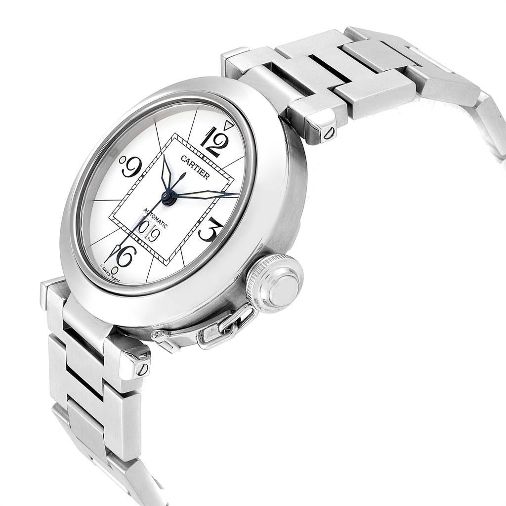 This image shows a Cartier Pasha W31055M7 Stainless Steel White Dial W31055M7 Stainless Steel White Dial watch from an angled side view, highlighting the bracelet, bezel, and crown.
