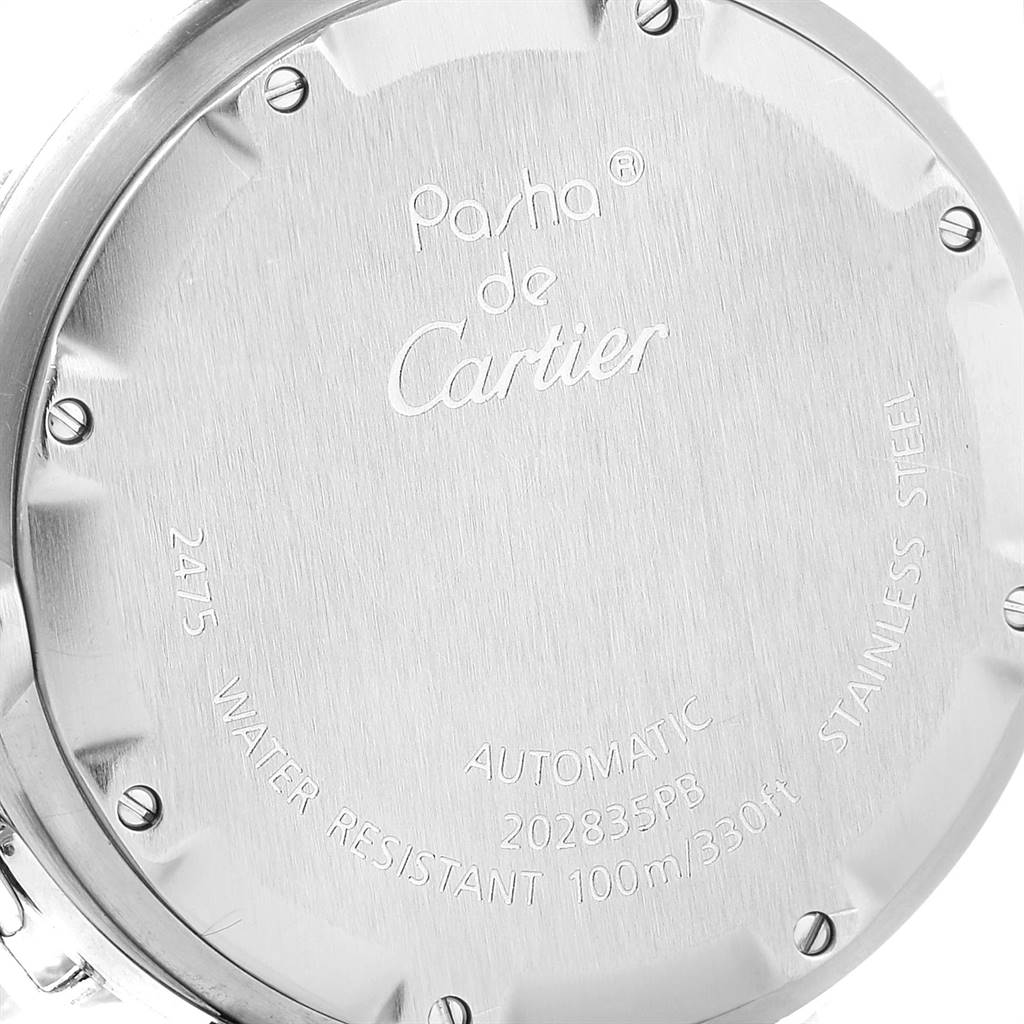 This image shows the back case of the Cartier Pasha W31055M7 Stainless Steel White Dial W31055M7 Stainless Steel White Dial watch detailing its specifications and branding.
