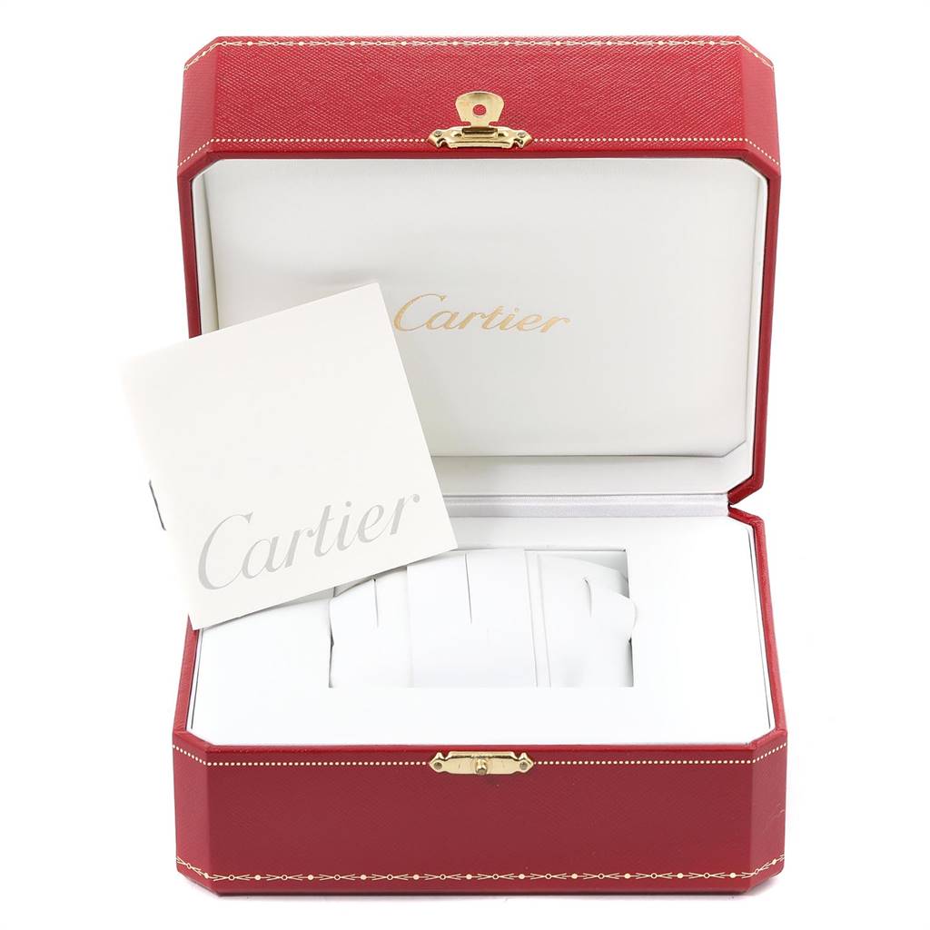 The image shows an open red Cartier box with Pasha model watch accessories and a Cartier booklet.