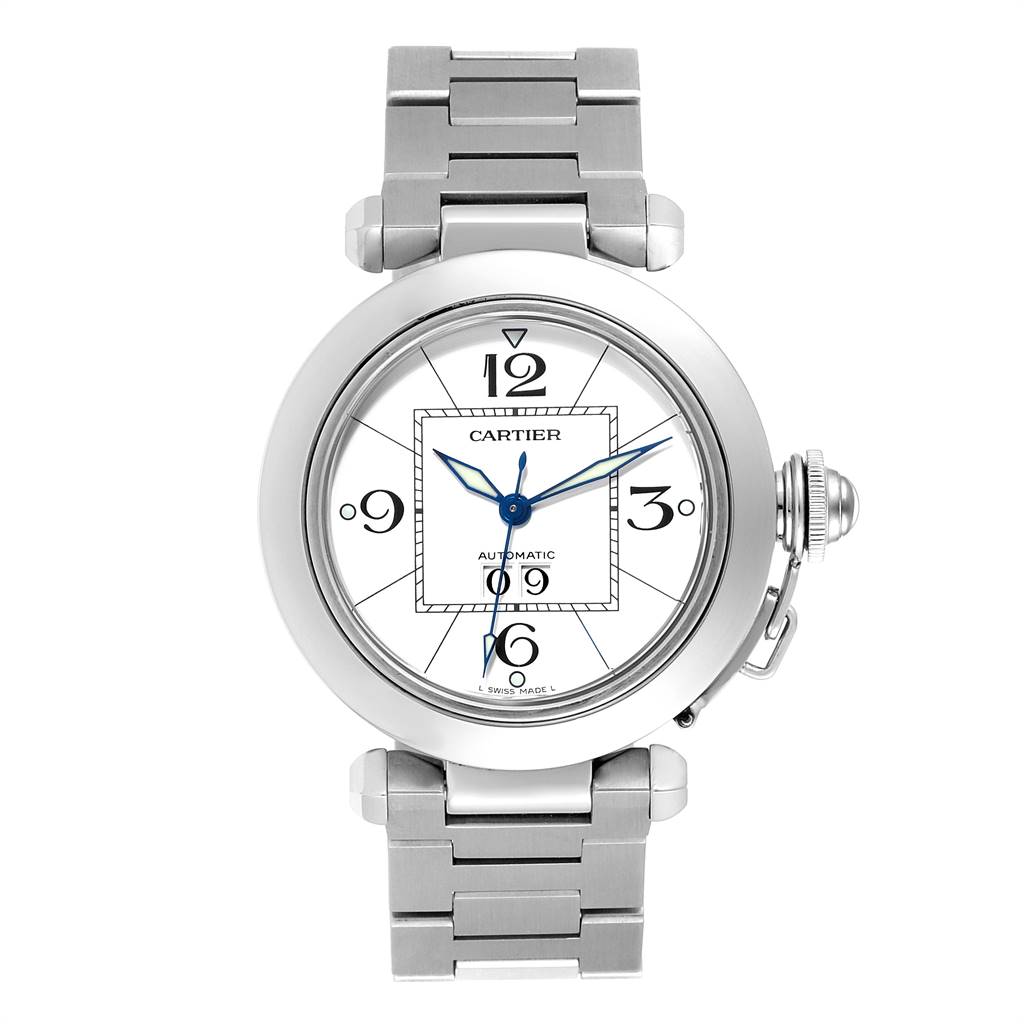 This image shows a front view of the Cartier Pasha W31055M7 Stainless Steel White Dial W31055M7 Stainless Steel White Dial watch, highlighting its face, hands, and stainless steel bracelet.
