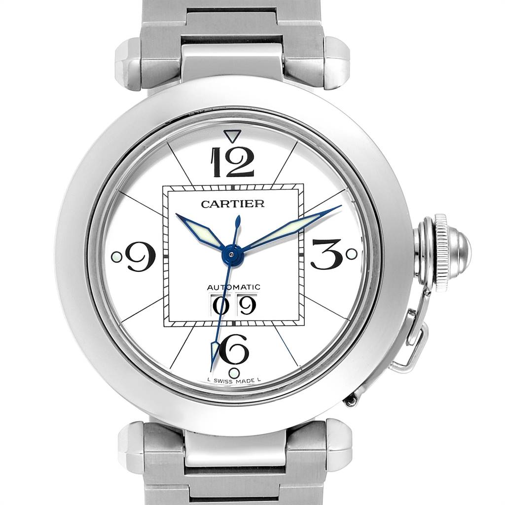 The image shows a frontal view of the Cartier Pasha W31055M7 Stainless Steel White Dial W31055M7 Stainless Steel White Dial watch, highlighting the dial, hour markers, and the bracelet attachment.