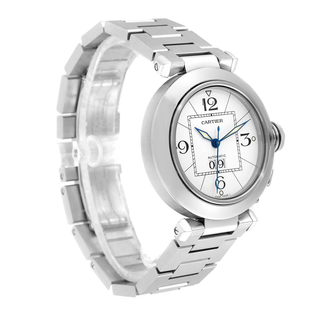 The Cartier Pasha W31055M7 Stainless Steel White Dial W31055M7 Stainless Steel White Dial watch is shown at a three-quarter angle, highlighting the face, bracelet, and crown.