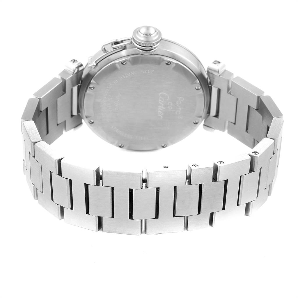 The image shows the back and bracelet of a Cartier Pasha W31055M7 Stainless Steel White Dial W31055M7 Stainless Steel White Dial watch from a rear angle.