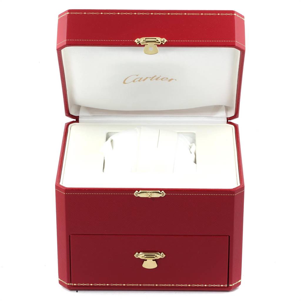 The image shows an open display box for a Cartier Pasha W31037H3 Men's Stainless Steel Silver Dial W31037H3 Men's Stainless Steel Silver Dial watch, featuring the logo and cushioned compartments for the watch.