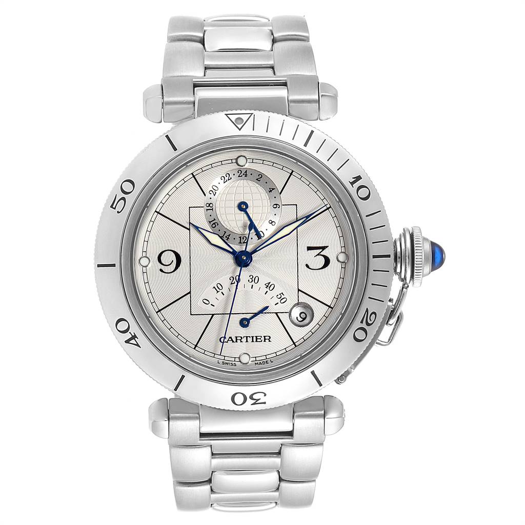 The image shows a front view of the Cartier Pasha W31037H3 Men's Stainless Steel Silver Dial W31037H3 Men's Stainless Steel Silver Dial watch, displaying its dial, bezel, crown, and metal bracelet.