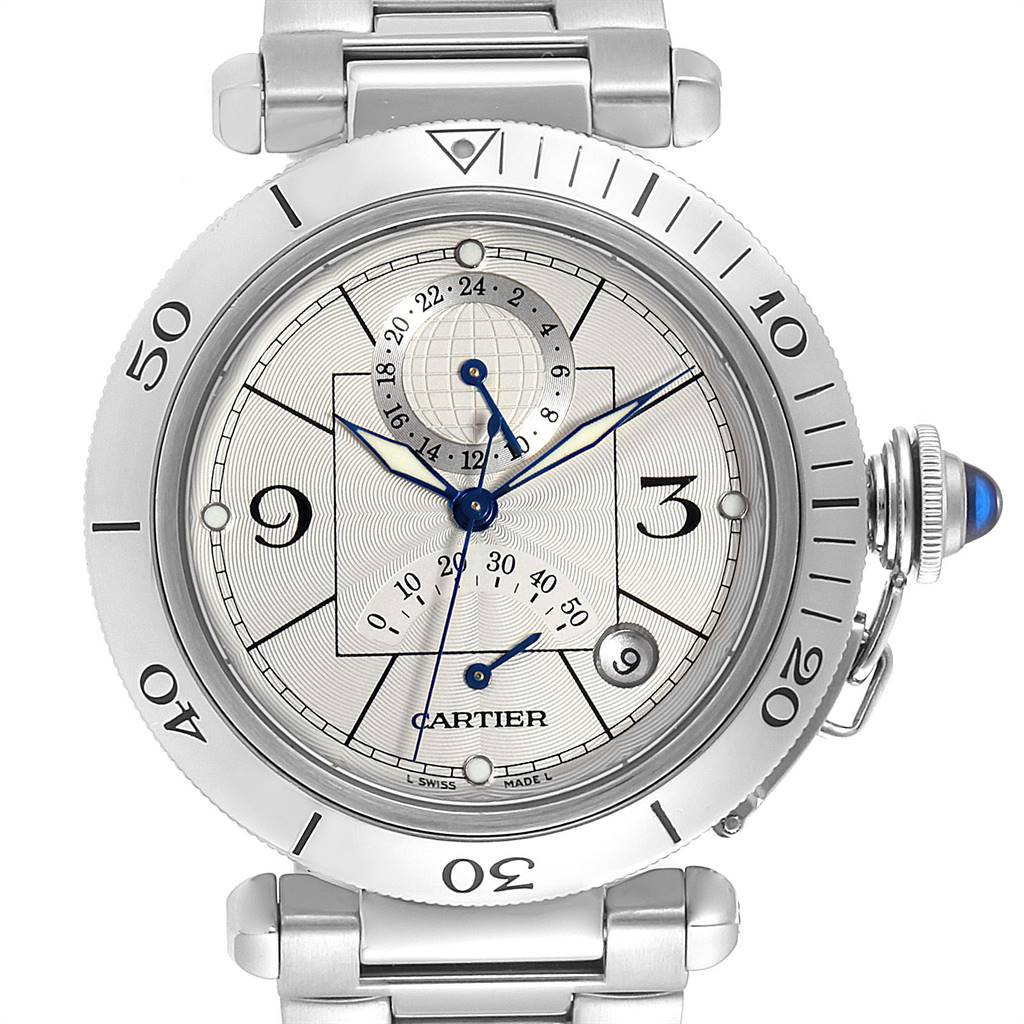 The Cartier Pasha W31037H3 Men's Stainless Steel Silver Dial W31037H3 Men's Stainless Steel Silver Dial watch is shown from the front angle, displaying its round face, bezel, markers, and stainless steel bracelet.