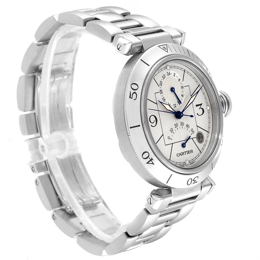 The image shows the Cartier Pasha W31037H3 Men's Stainless Steel Silver Dial W31037H3 Men's Stainless Steel Silver Dial watch at a three-quarter angle, highlighting the dial, bezel, and metal bracelet.