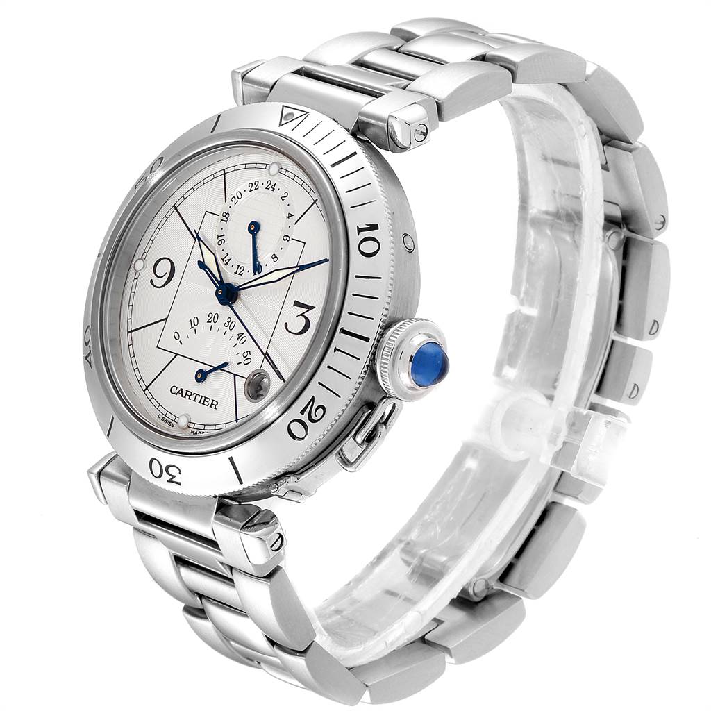 The image shows a Cartier Pasha W31037H3 Men's Stainless Steel Silver Dial W31037H3 Men's Stainless Steel Silver Dial watch angled to highlight its face, bezel, crown, and metal bracelet.