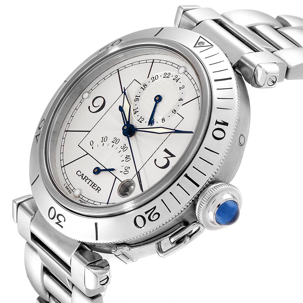 The image shows a Cartier Pasha W31037H3 Men's Stainless Steel Silver Dial W31037H3 Men's Stainless Steel Silver Dial model watch angled to display its face, bezel, crown, and bracelet.