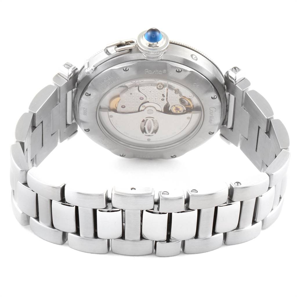This is a rear view of the Cartier Pasha W31037H3 Men's Stainless Steel Silver Dial W31037H3 Men's Stainless Steel Silver Dial watch, displaying the metal bracelet and the open caseback revealing the movement.