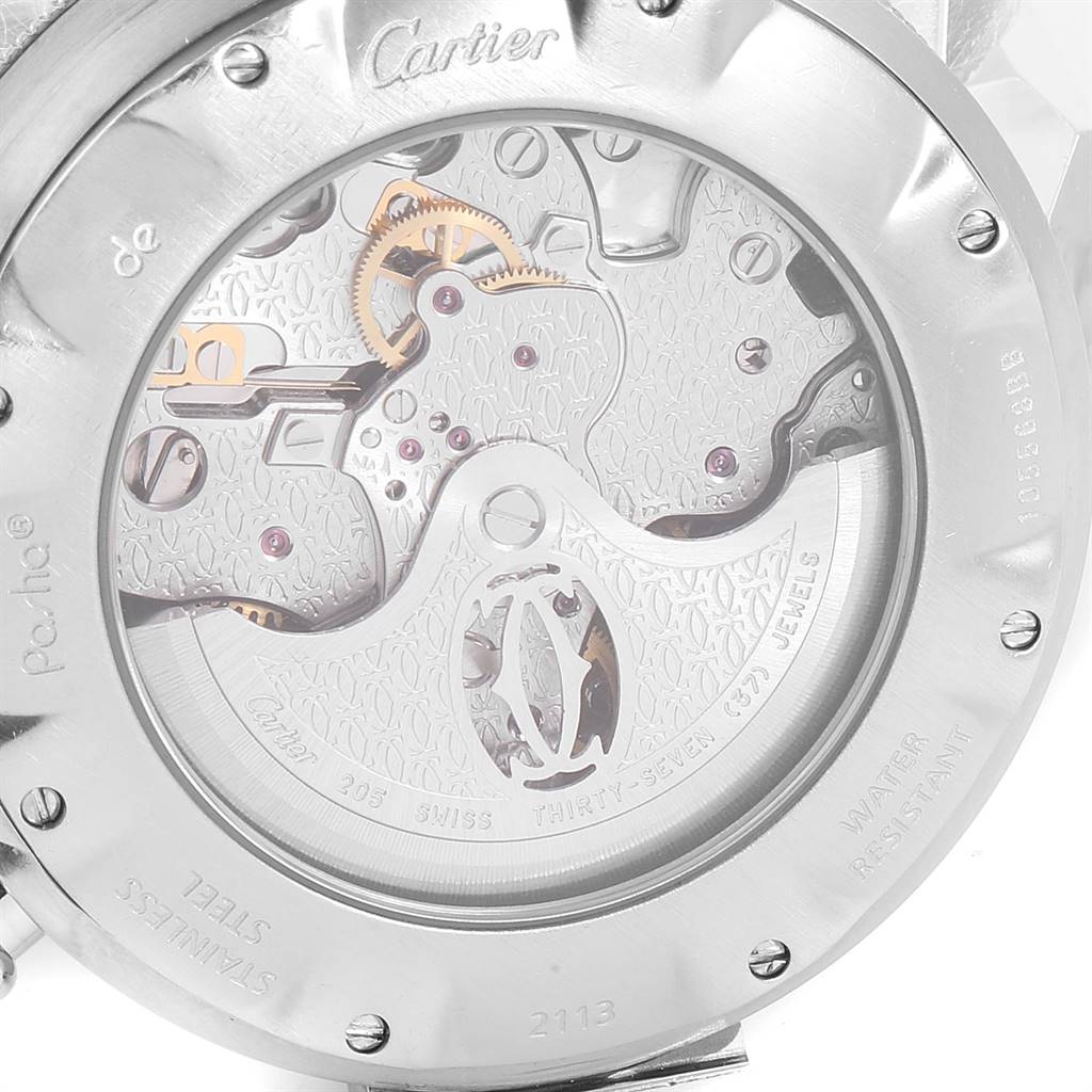 This image shows the back of a Cartier Pasha W31030H3 Men
s Stainless Steel Silver Dial W31030H3 Men
s Stainless Steel Silver Dial watch, showcasing its intricate movement and internal mechanism.