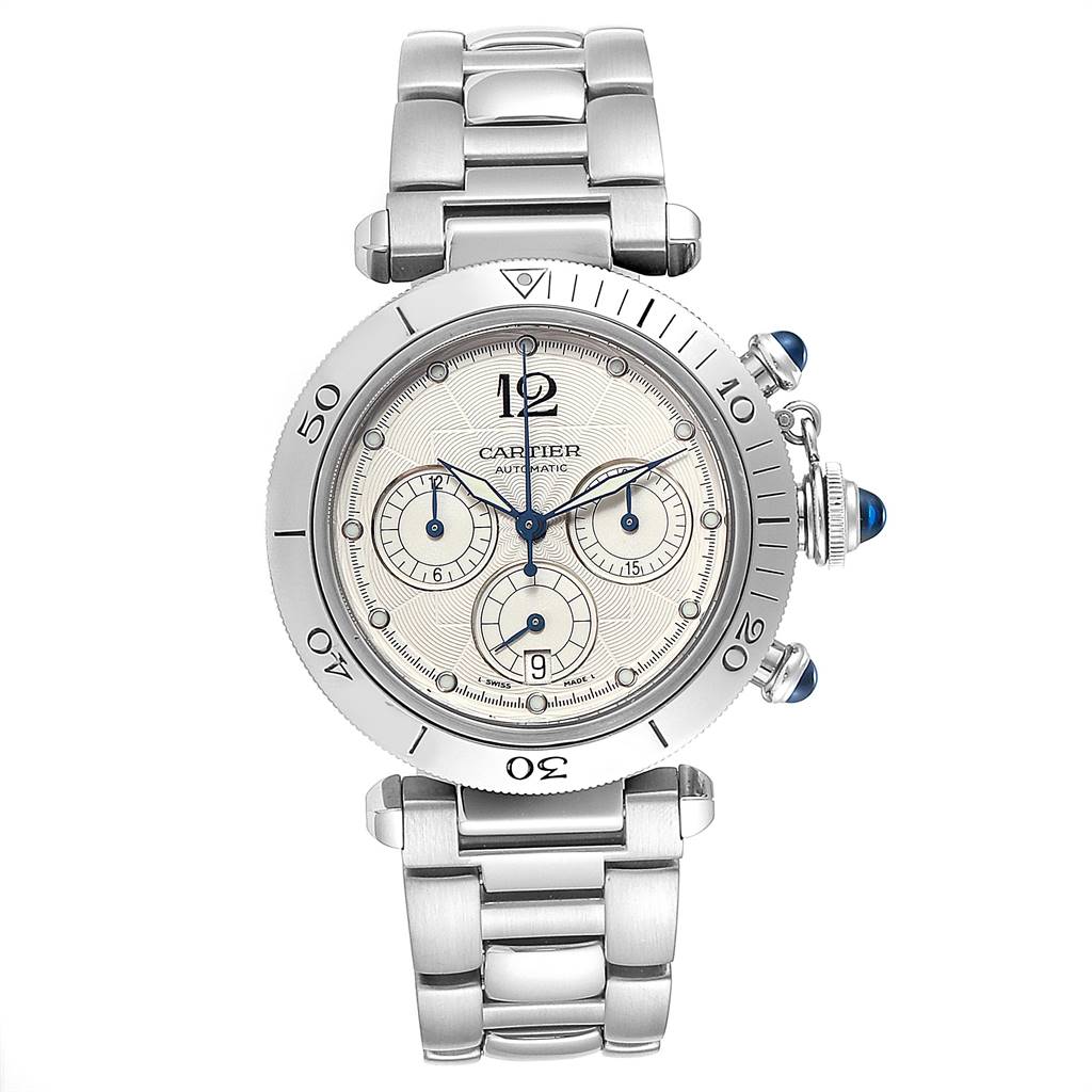 This image shows a full frontal view of the Cartier Pasha W31030H3 Men
s Stainless Steel Silver Dial W31030H3 Men
s Stainless Steel Silver Dial watch, including its face dial, bracelet, and knobs.