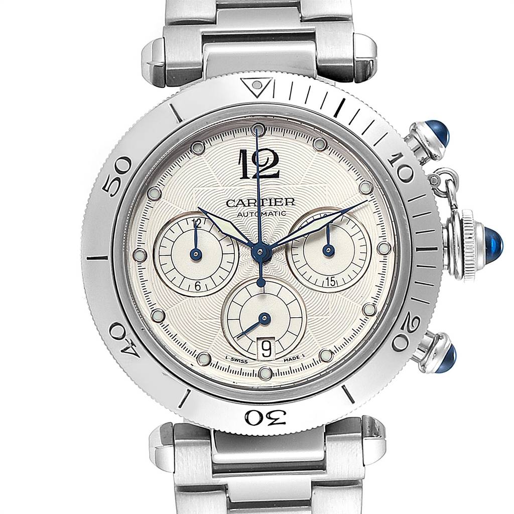 The image shows a front view of the Cartier Pasha W31030H3 Men
s Stainless Steel Silver Dial W31030H3 Men
s Stainless Steel Silver Dial watch, highlighting its face, bezel, and part of the bracelet.