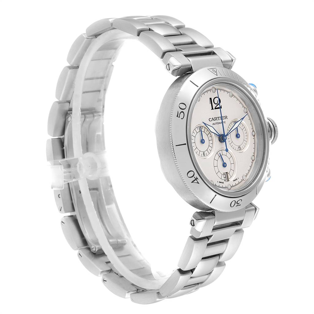 The image shows a Cartier Pasha W31030H3 Men
s Stainless Steel Silver Dial W31030H3 Men
s Stainless Steel Silver Dial model watch angled from the front and left side, displaying the dial, bezel, and bracelet.