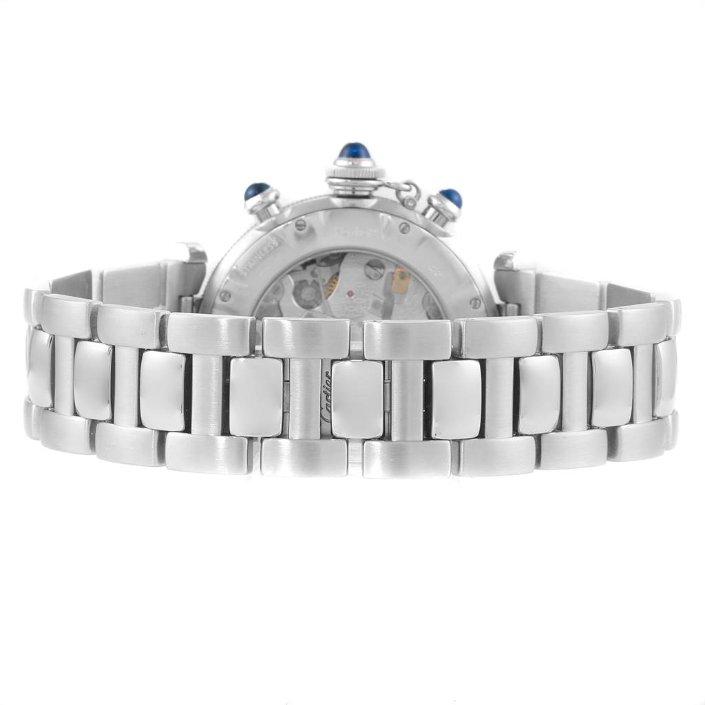 The image shows the back view of a Cartier Pasha W31030H3 Men
s Stainless Steel Silver Dial W31030H3 Men
s Stainless Steel Silver Dial watch, highlighting its stainless steel bracelet and case back.