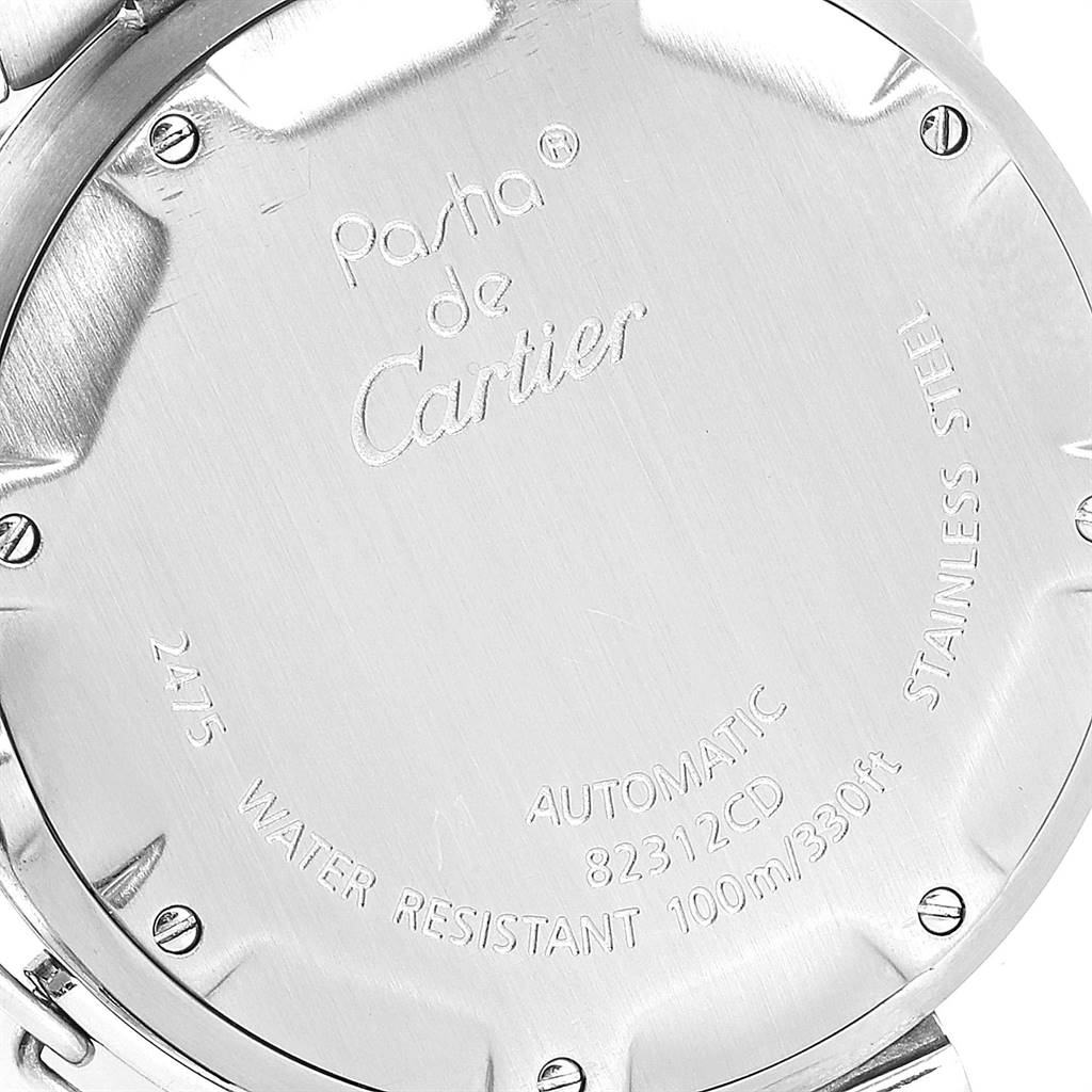 This image shows the case back of the Cartier Pasha W31044M7 Men's Stainless Steel White Dial W31044M7 Men's Stainless Steel White Dial watch at a close-up angle, highlighting engravings and specifications.