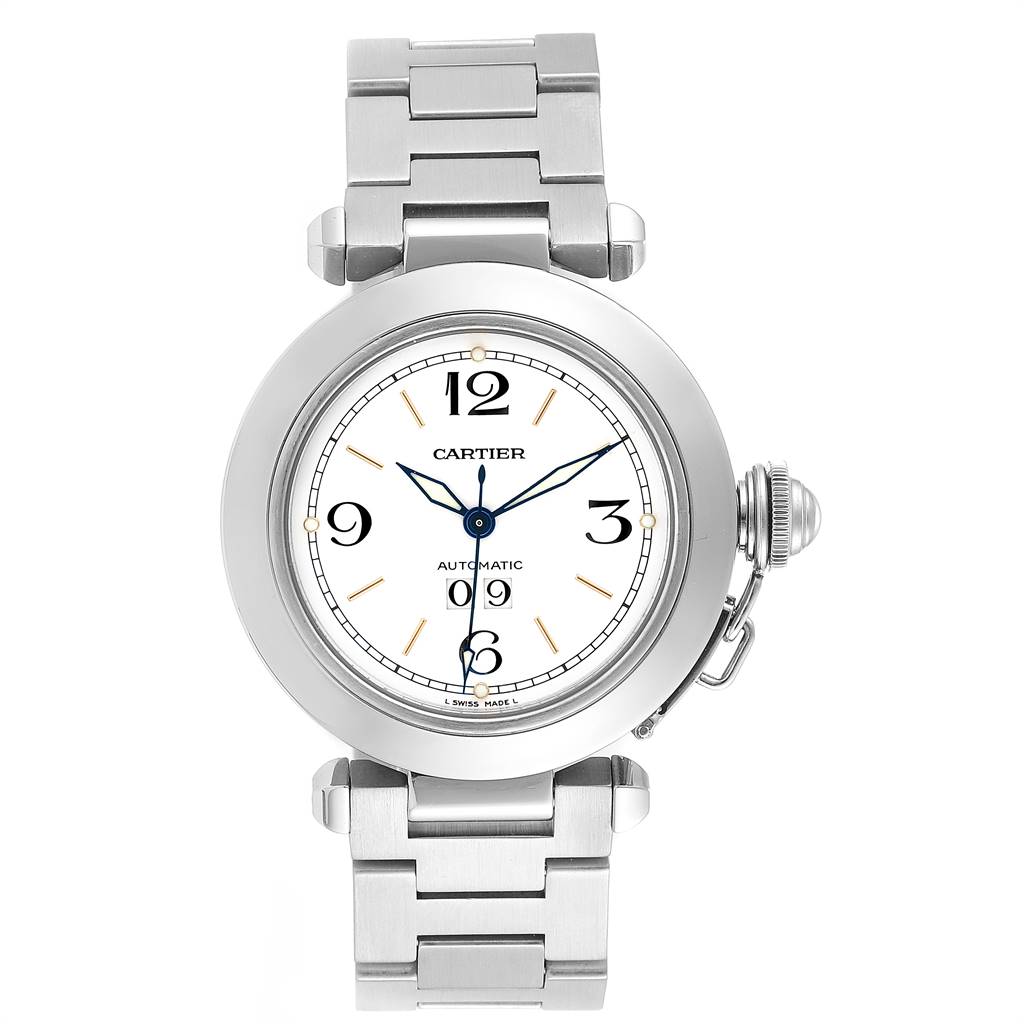 The image shows a front view of a Cartier Pasha W31044M7 Men's Stainless Steel White Dial W31044M7 Men's Stainless Steel White Dial watch, highlighting its face, bezel, and stainless steel bracelet.