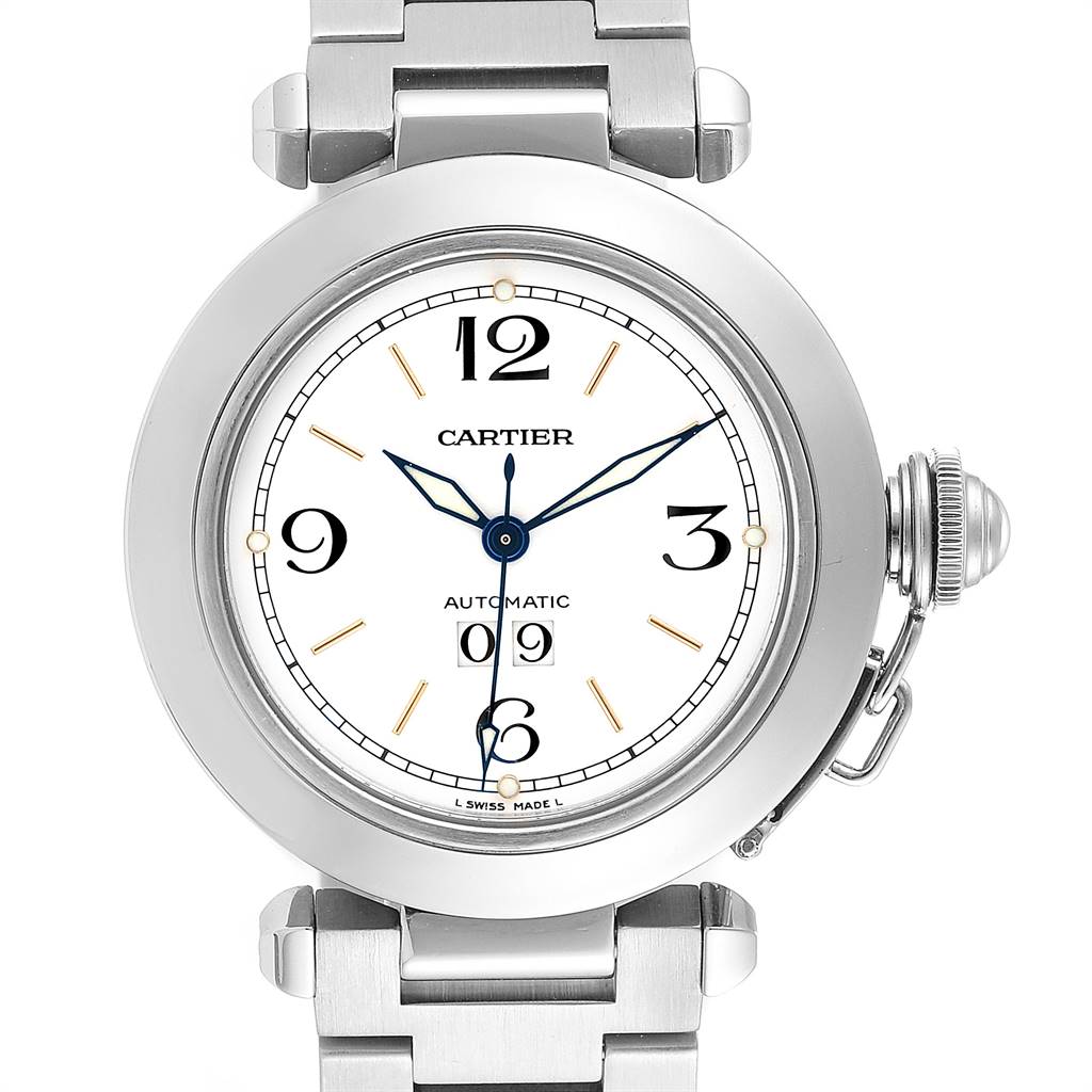 This is a front view of a Cartier Pasha W31044M7 Men's Stainless Steel White Dial W31044M7 Men's Stainless Steel White Dial model watch, showing its dial, bezel, and upper bracelet.