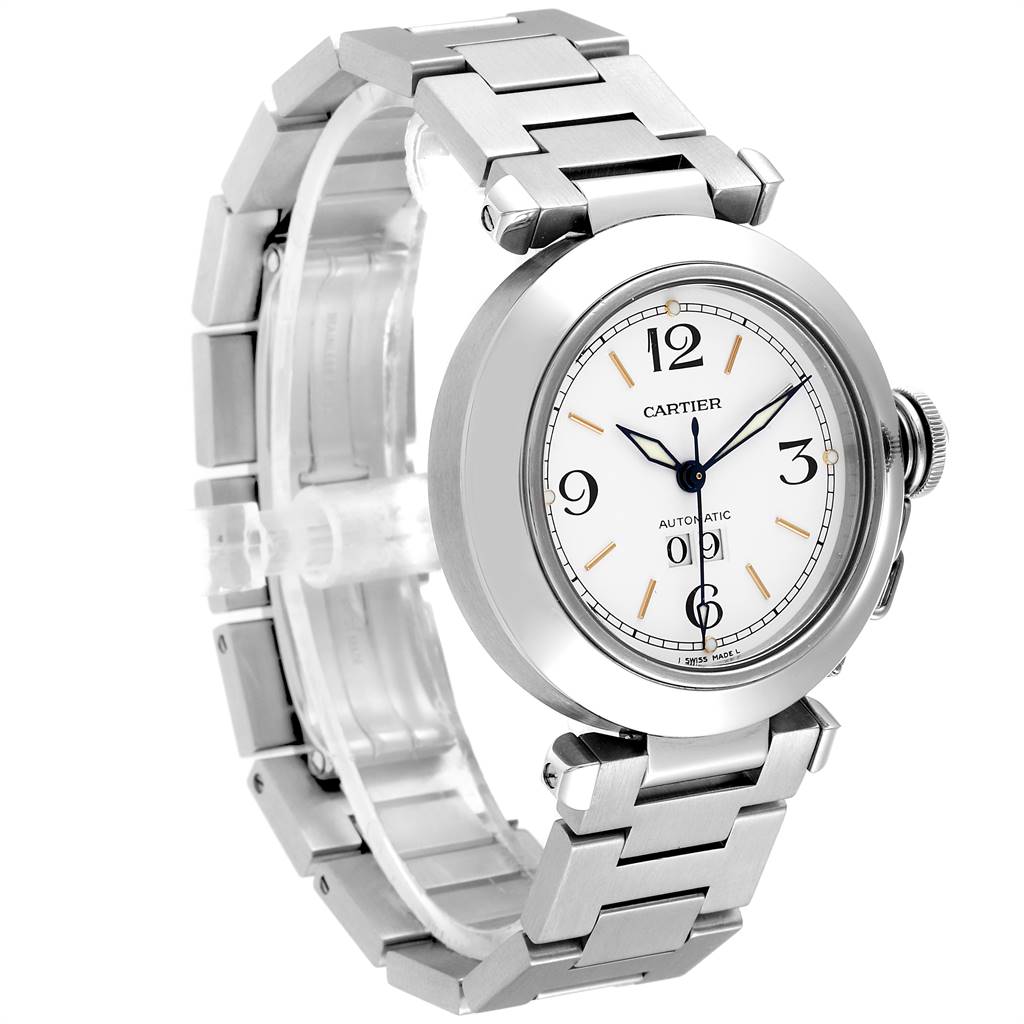 The Cartier Pasha W31044M7 Men's Stainless Steel White Dial W31044M7 Men's Stainless Steel White Dial watch is shown from an angled side view, highlighting the face, bezel, and bracelet.