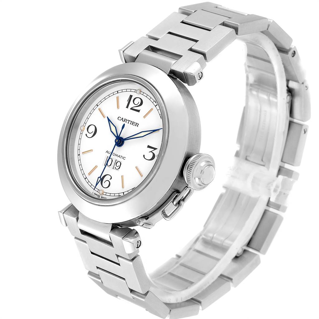 This image shows a side-angle view of a Cartier Pasha W31044M7 Men's Stainless Steel White Dial W31044M7 Men's Stainless Steel White Dial watch, highlighting the face, bezel, and metal bracelet.