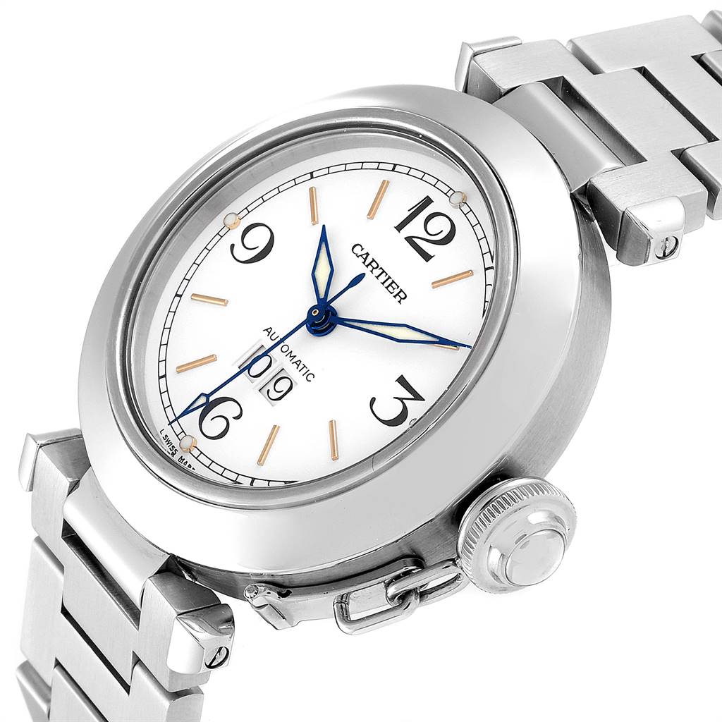 The image shows a side-angled view of a Cartier Pasha W31044M7 Men's Stainless Steel White Dial W31044M7 Men's Stainless Steel White Dial watch, highlighting its face, crown, and part of the metal bracelet.