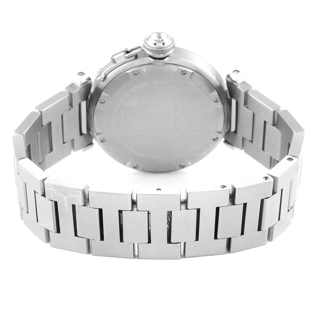 The image shows the back of the Cartier Pasha W31044M7 Men's Stainless Steel White Dial W31044M7 Men's Stainless Steel White Dial watch, highlighting the case back and stainless steel bracelet.