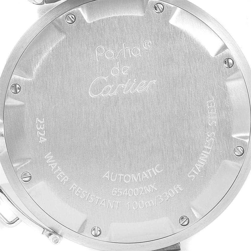 This image shows the back case of a Cartier Pasha W31074M7 Stainless Steel White Dial W31074M7 Stainless Steel White Dial watch, featuring labeled details.