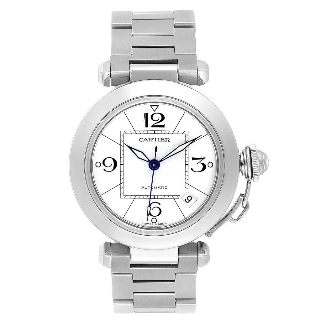 The image shows a front view of a Cartier Pasha W31074M7 Stainless Steel White Dial W31074M7 Stainless Steel White Dial watch, highlighting the dial, bezel, and metal bracelet.