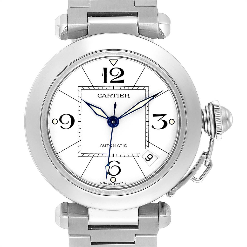 The image shows a front view of a Cartier Pasha W31074M7 Stainless Steel White Dial W31074M7 Stainless Steel White Dial watch, highlighting its dial, hands, and part of the bracelet.
